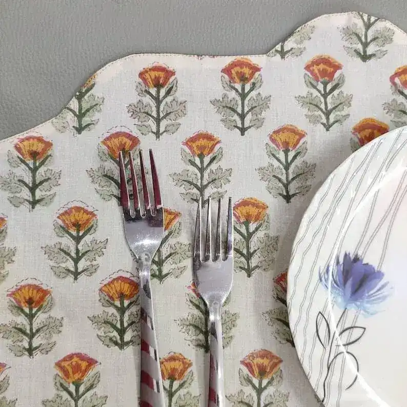 Orange Block Printed Floral Scalloped Oval Cotton Placemats - Image 6