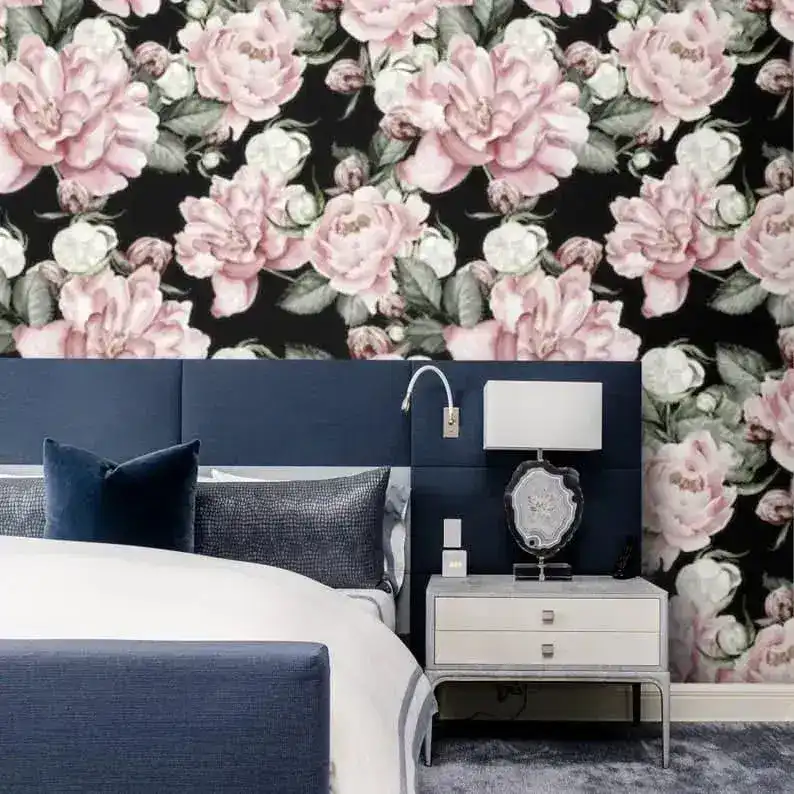 Oversized Blush Roses on Dark Wallpaper - Image 2