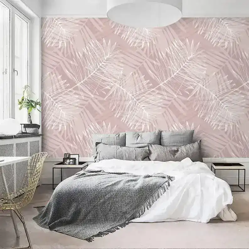 Oversized White and Pink Tropical Palm Leaves Wallpaper - Image 5