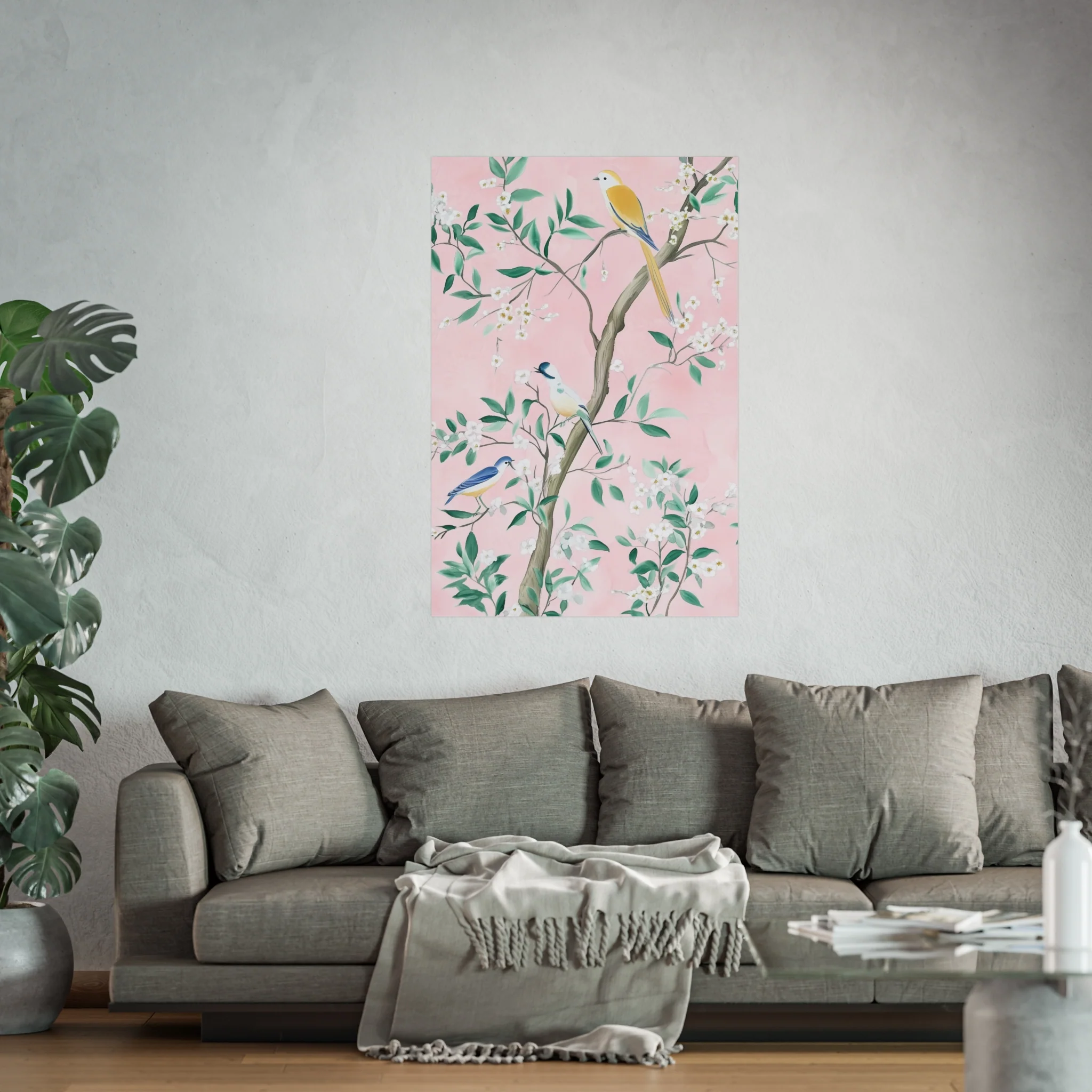 Pastel Pink Chinoiserie Birds and Floral Scene Fine Art Poster - Image 47