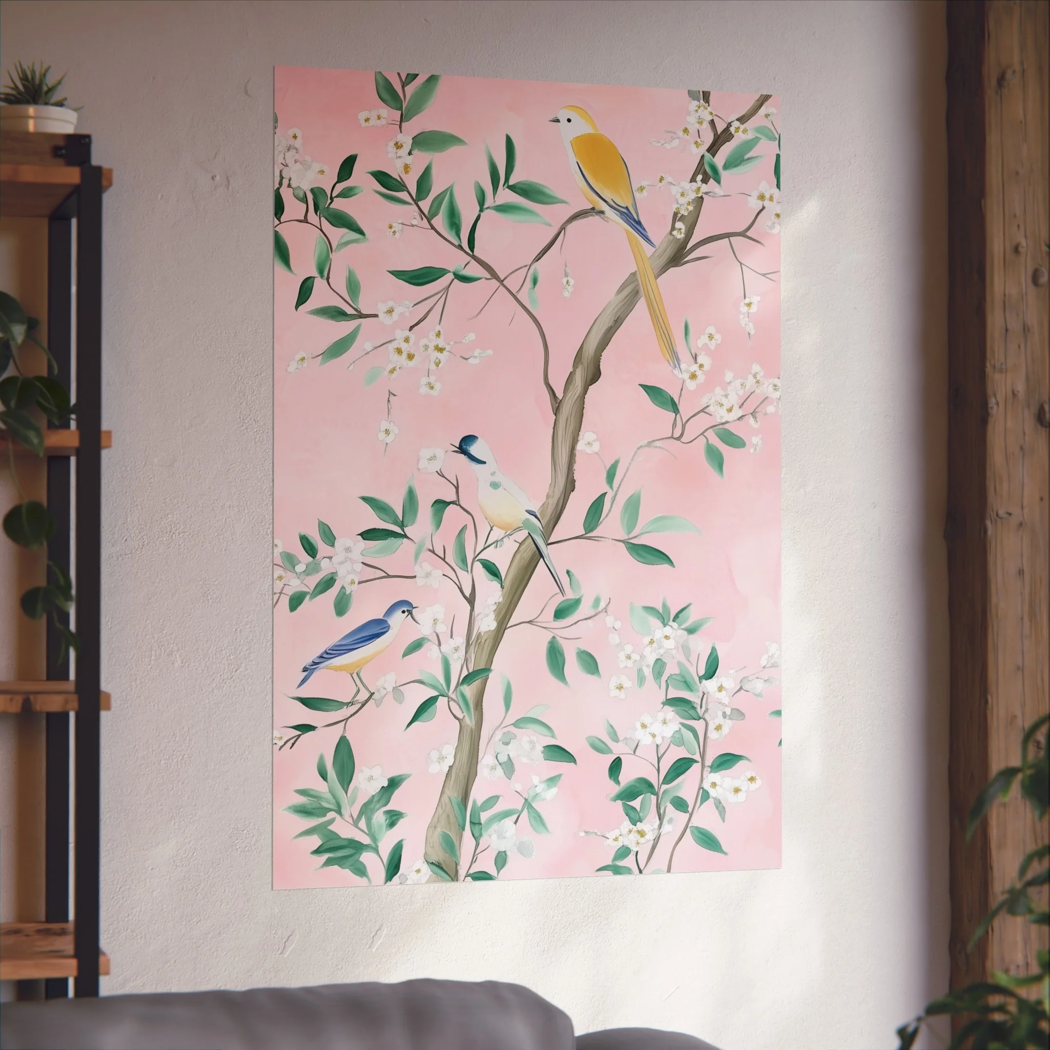 Pastel Pink Chinoiserie Birds and Floral Scene Fine Art Poster - Image 48