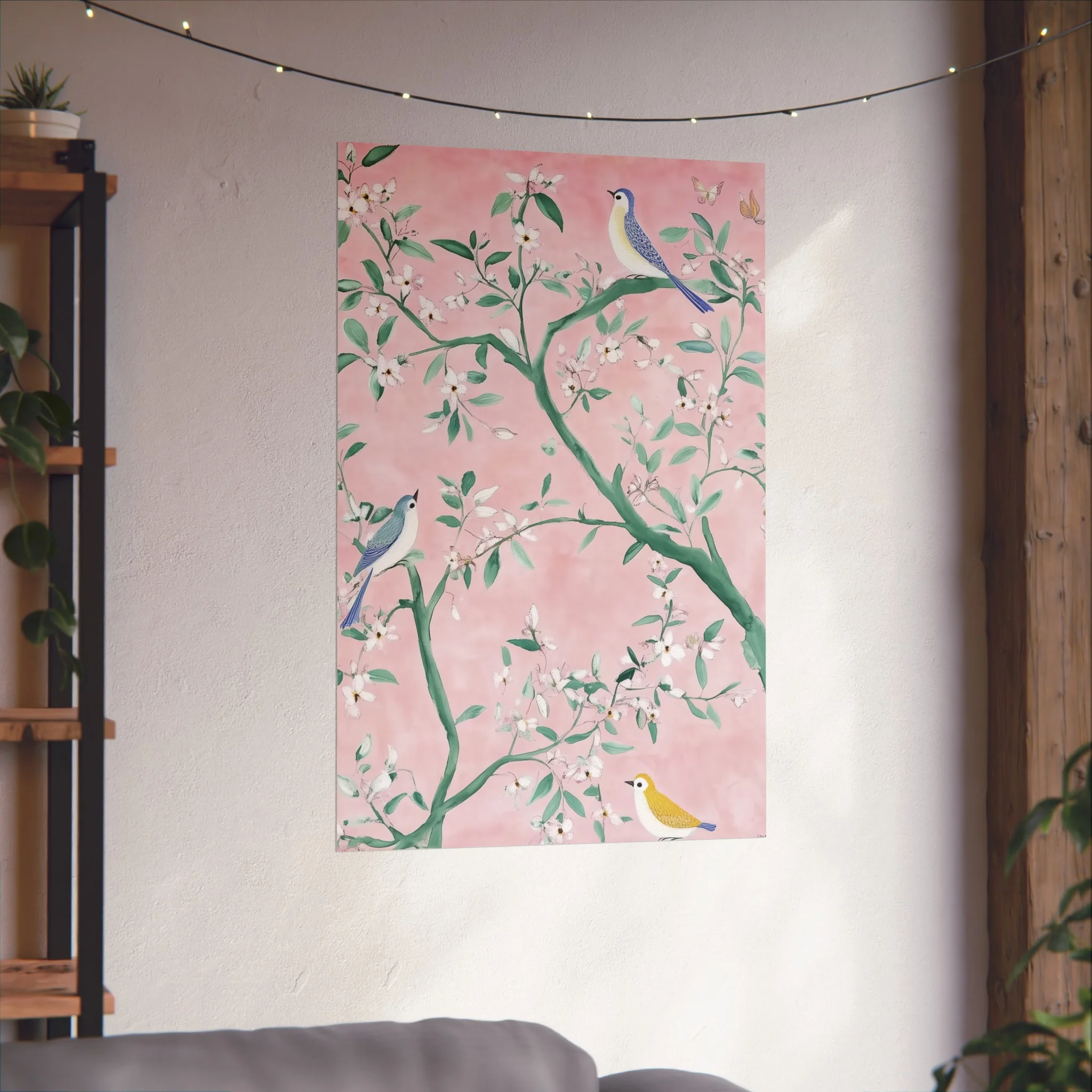 Pastel Pink Chinoiserie Birds on Tree Scene Fine Art Poster - Image 46