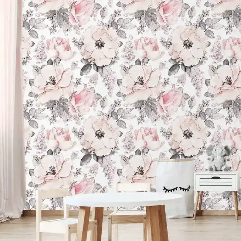 Pastel Vintage Blush Pink Floral Wallpaper - Image 3