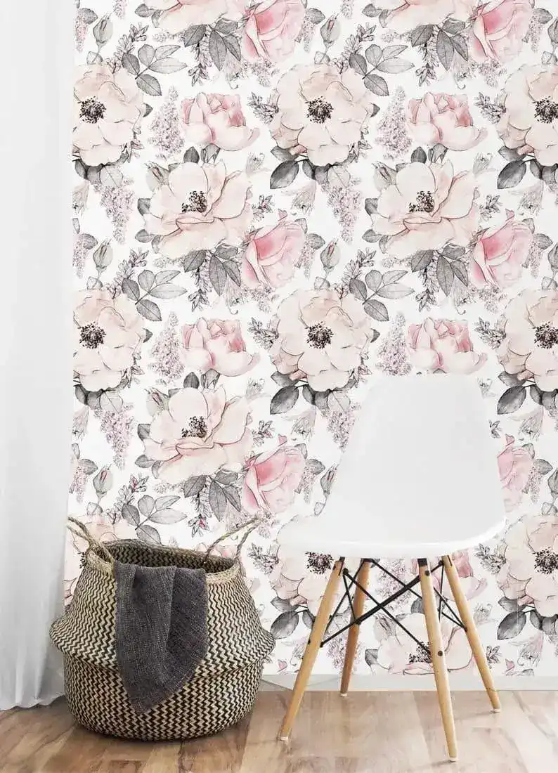 Pastel Vintage Blush Pink Floral Wallpaper - Image 4