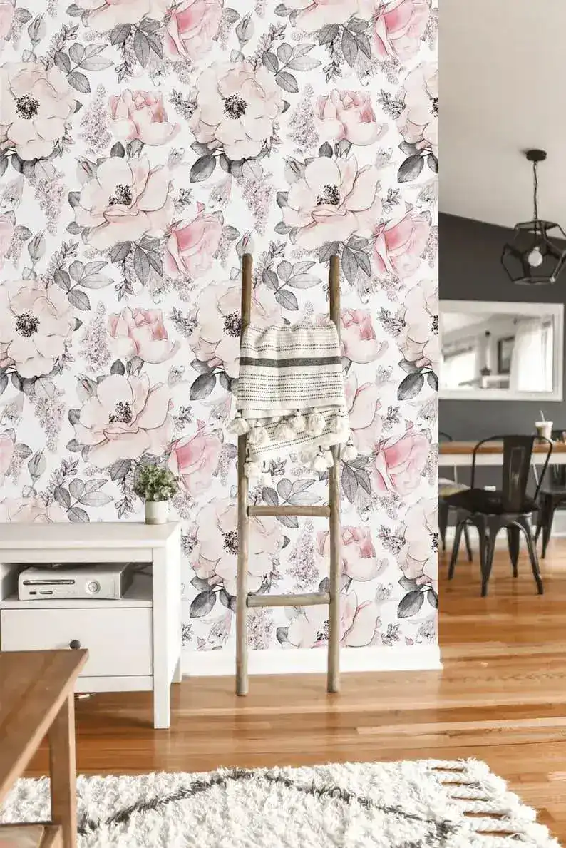 Pastel Vintage Blush Pink Floral Wallpaper - Image 5