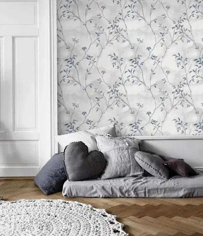 Pastel Vintage Gray Delicate Olive Branch Botanical Wallpaper - Image 3