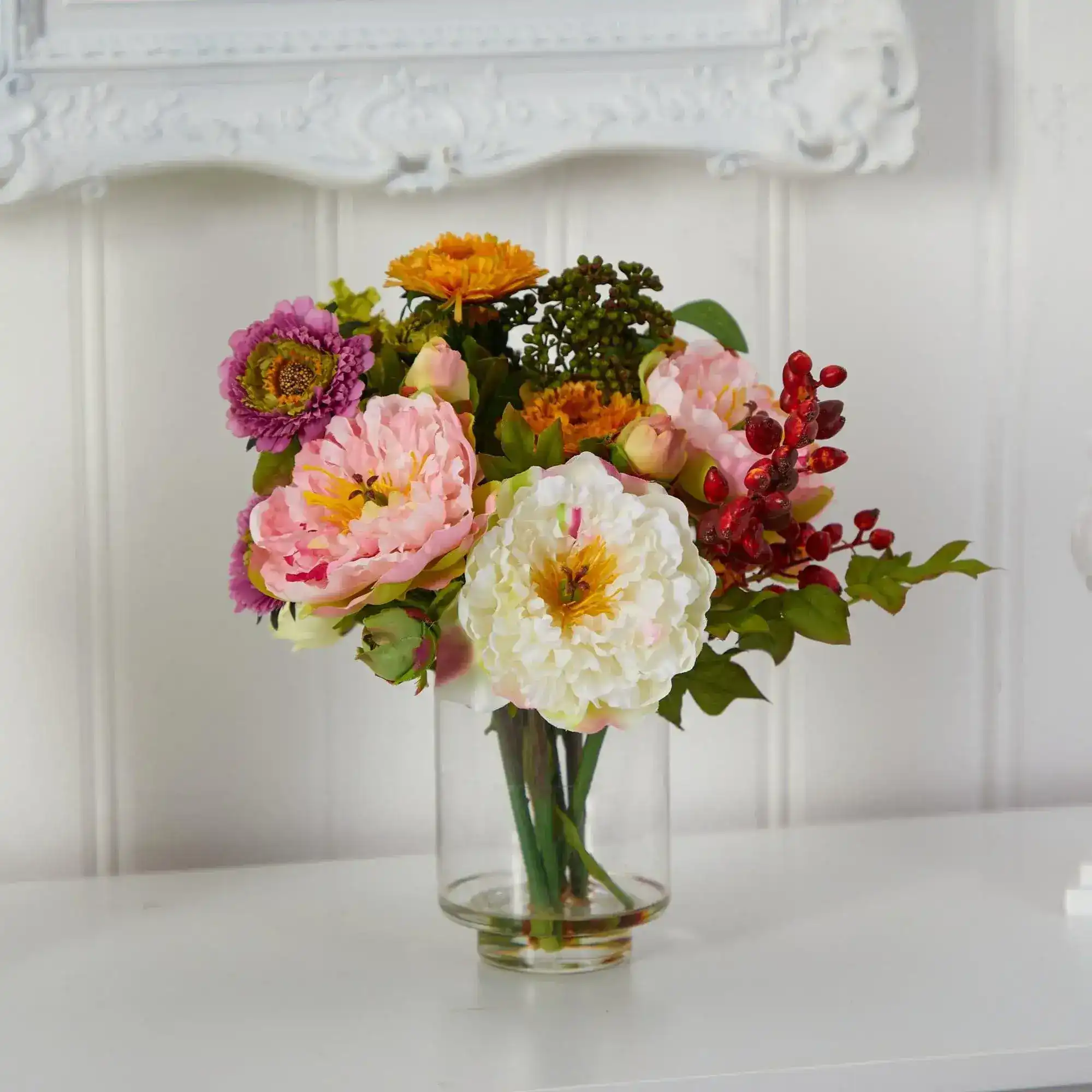 Peony Artificial Flower Arrangement in Watered Glass Vase - Image 3