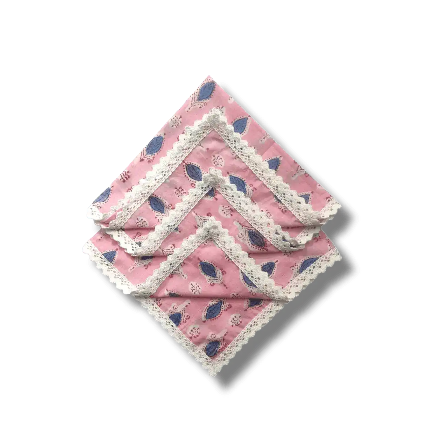Pink and Blue Block Print Cotton Napkins with White Border Lace - Image 3