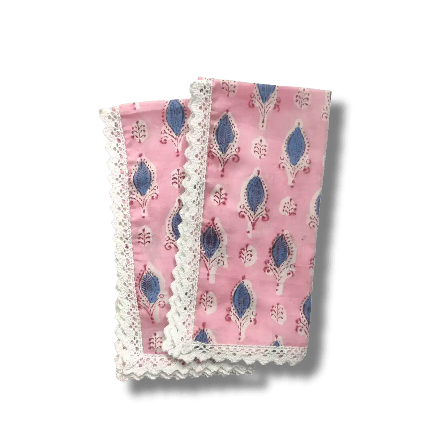 Pink and Blue Block Print Cotton Napkins with White Border Lace - Image 4