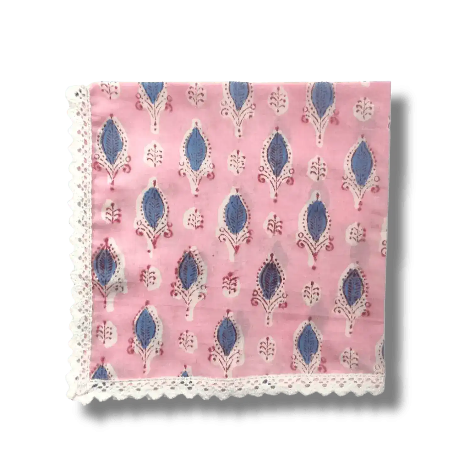 Pink and Blue Block Print Cotton Napkins with White Border Lace - Image 5