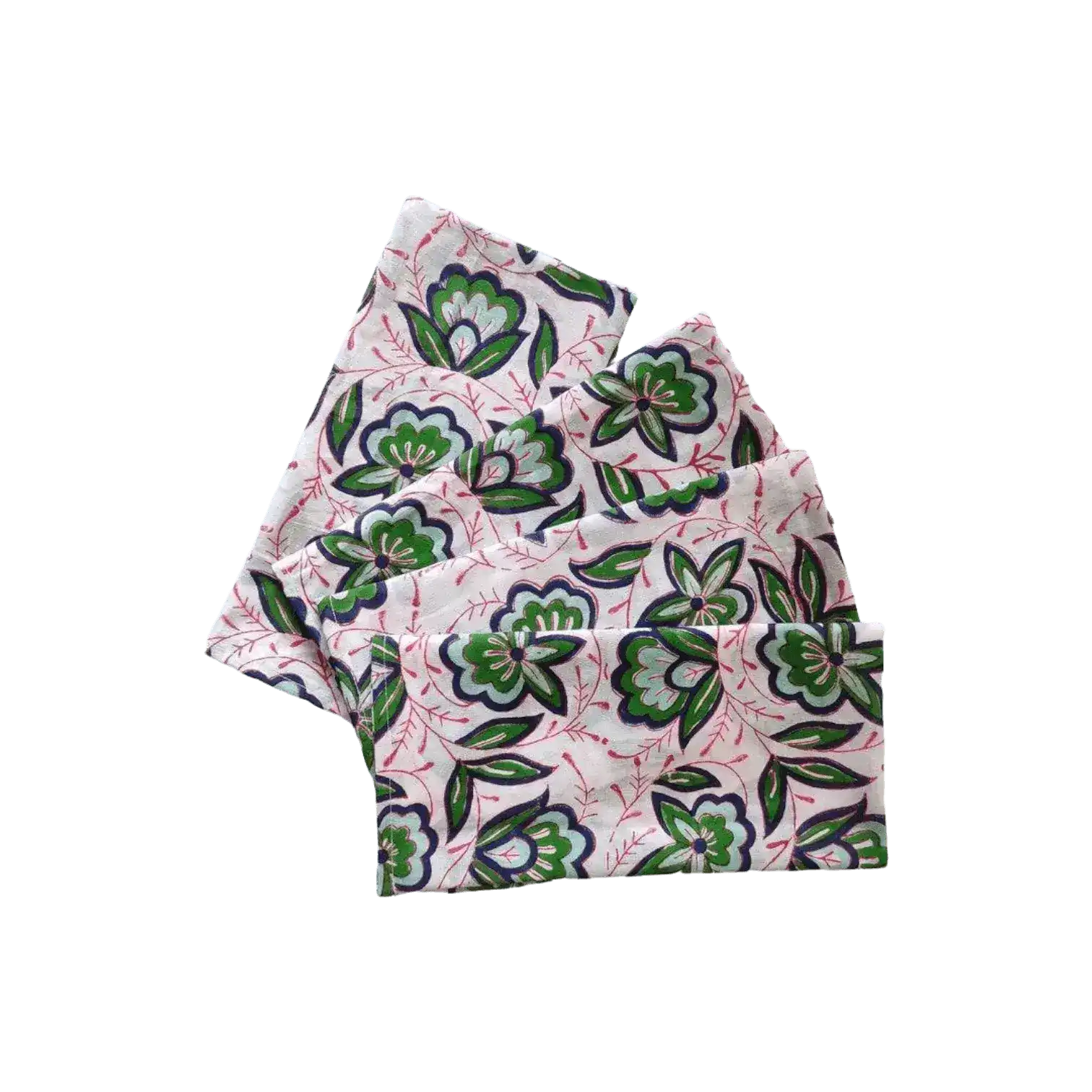 Pink and Green Floral Block Printed Cotton Napkins - Image 2