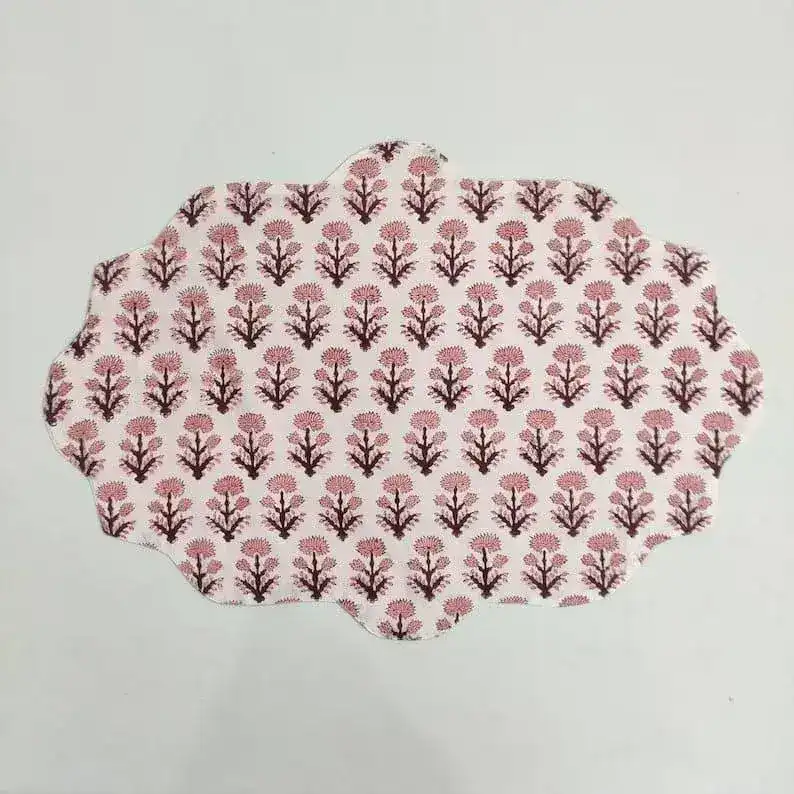 Pink Block Printed Floral Scalloped Oval Cotton Placemats - Image 4