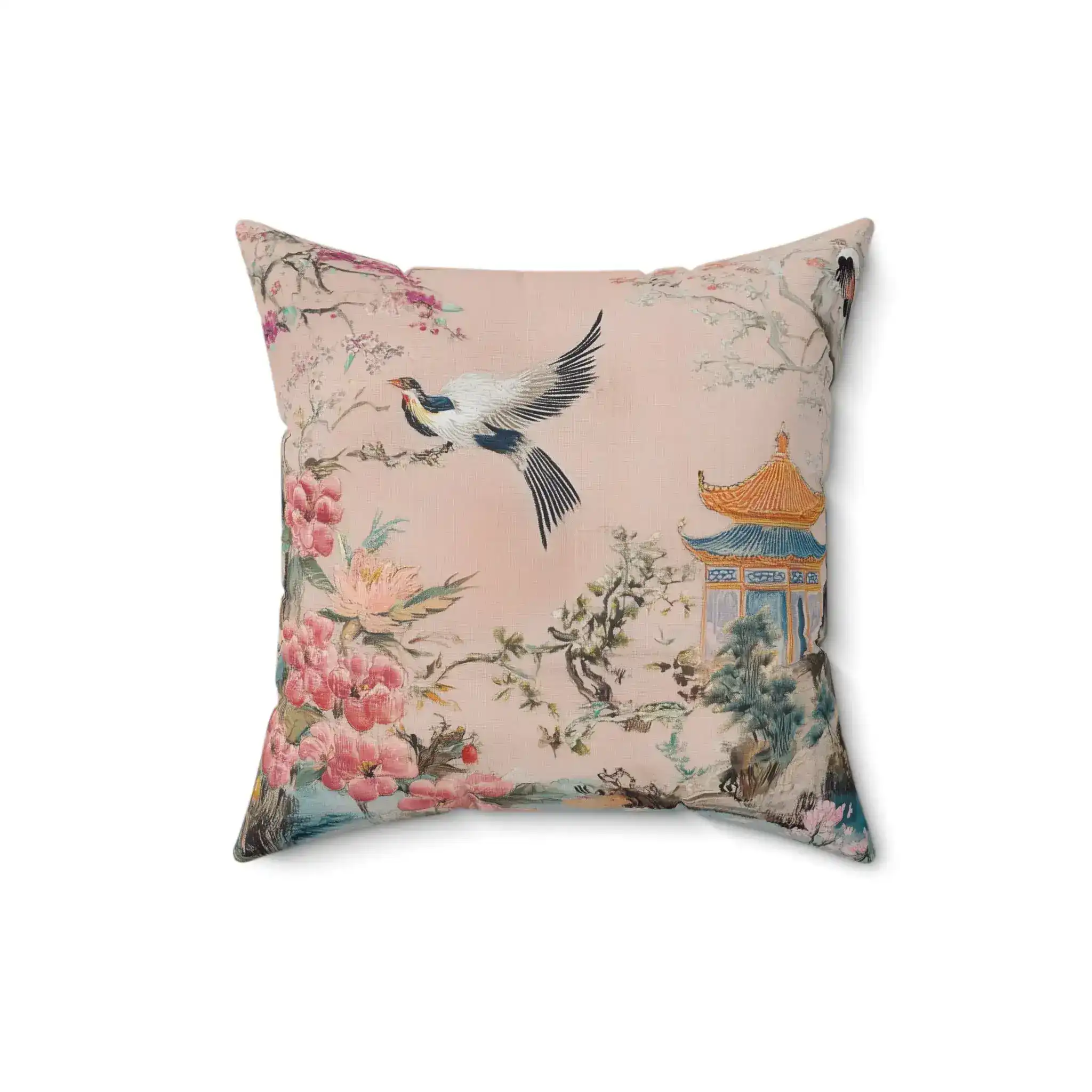 Pink Chinoiserie Garden with Birds Throw Pillow - Image 2