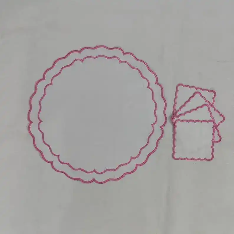 Pink Double Scalloped Round White Placemats - Image 3