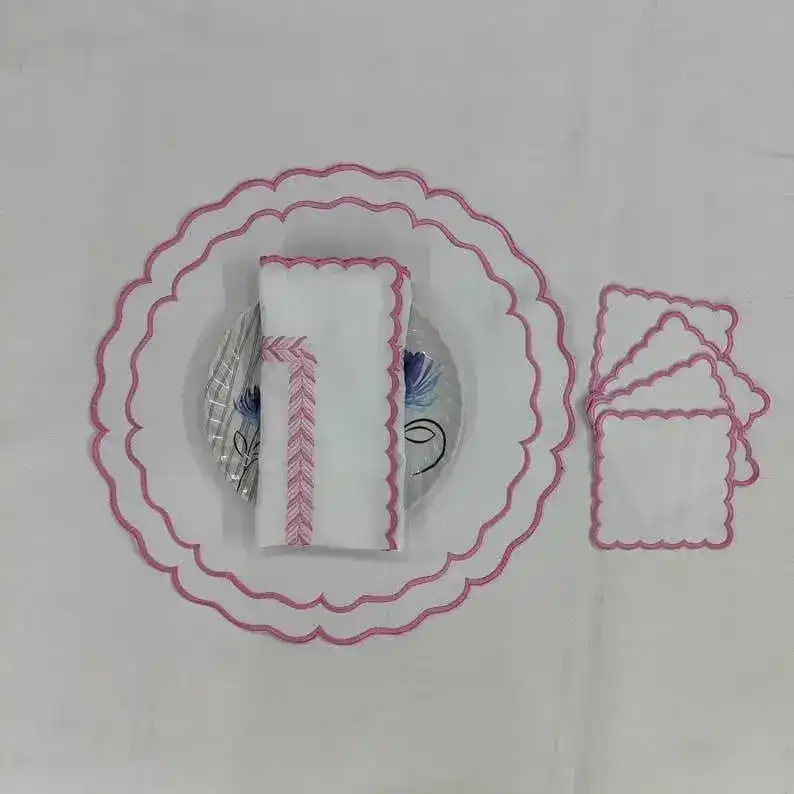 Pink Double Scalloped Round White Placemats - Image 5