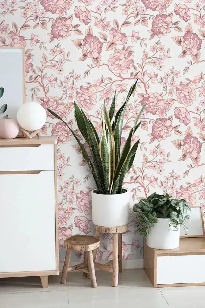 Pink Floral Delicate Vintage Wallpaper - Image 5