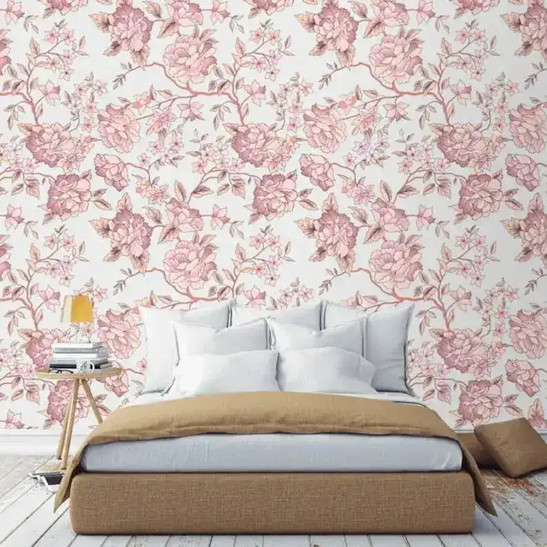 Pink Floral Delicate Vintage Wallpaper - Image 6