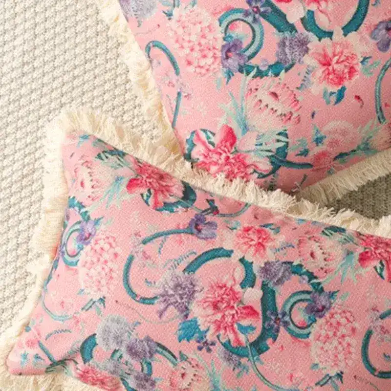 Pink Floral Snake Art Throw Pillow Cover with Fringes - Image 2