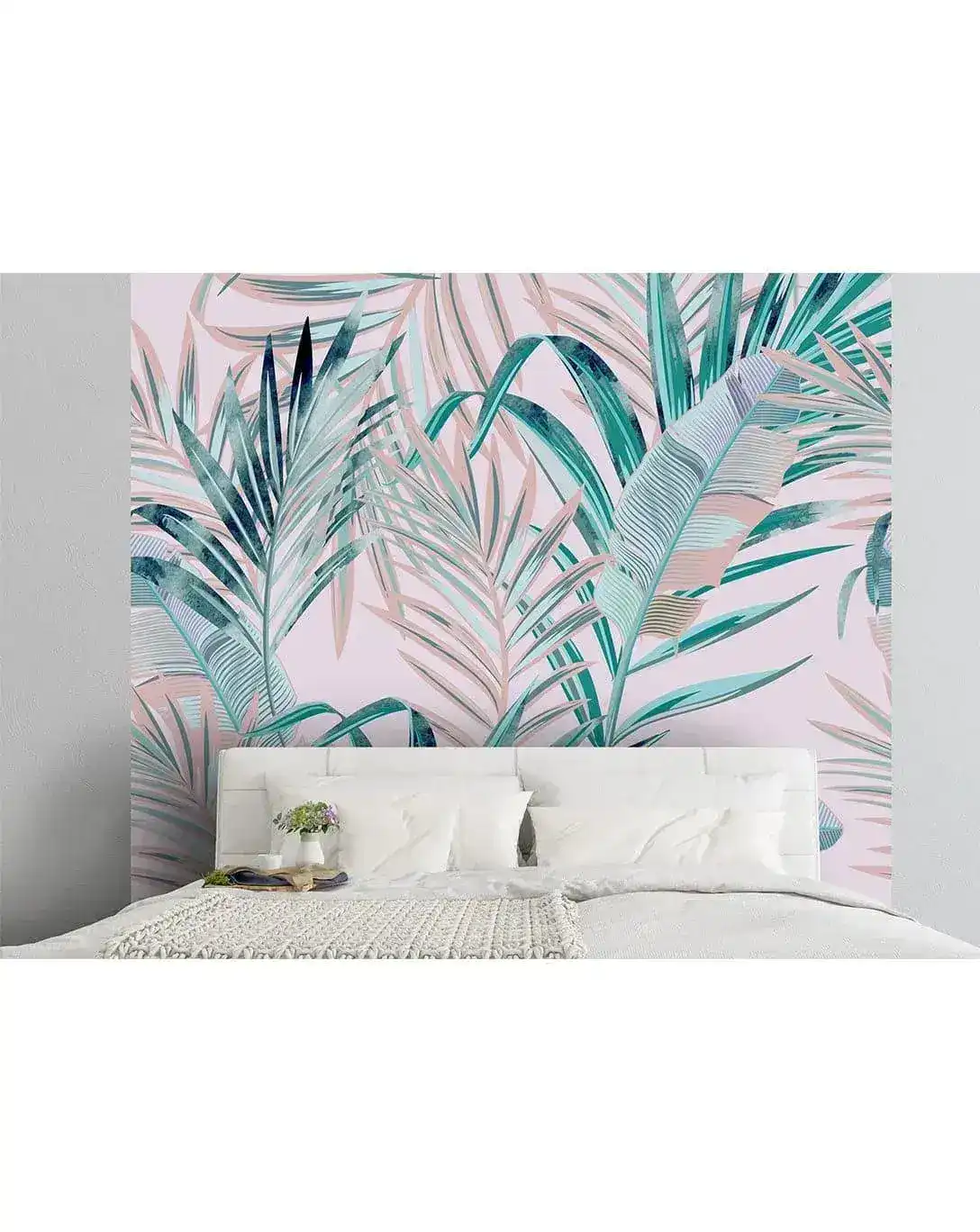 Pink Green Tropical Palm Leaves Wall Mural - Image 2