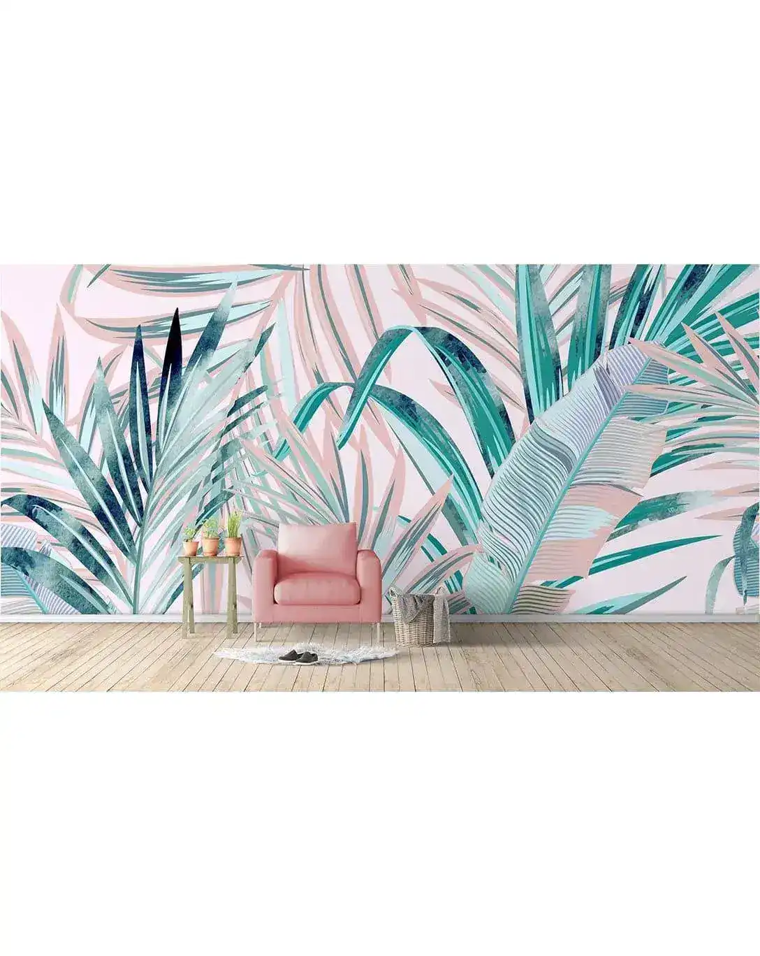 Pink Green Tropical Palm Leaves Wall Mural - Image 3