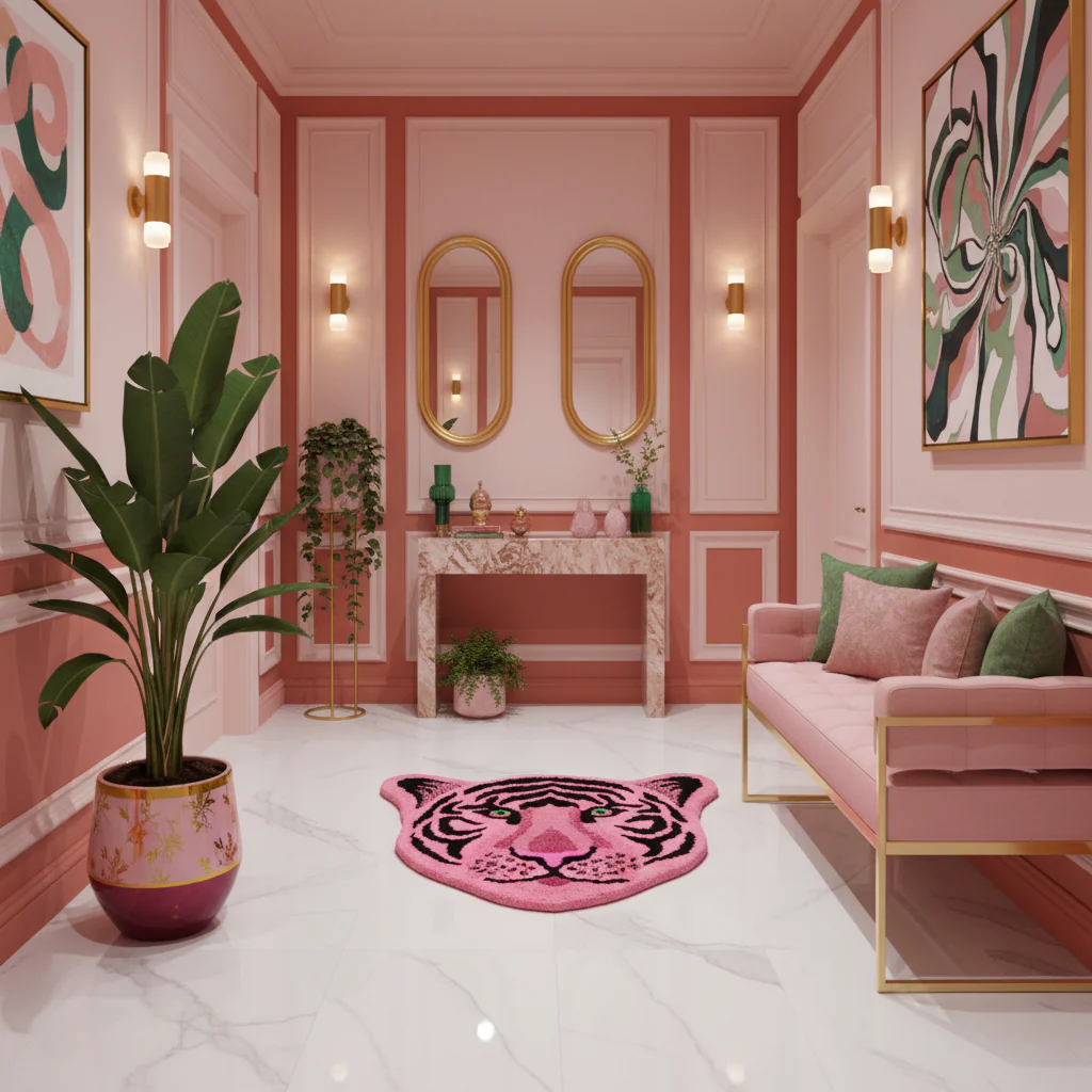 Pink Tiger Face Hand-Tufted Wool Accent Rug - Image 2