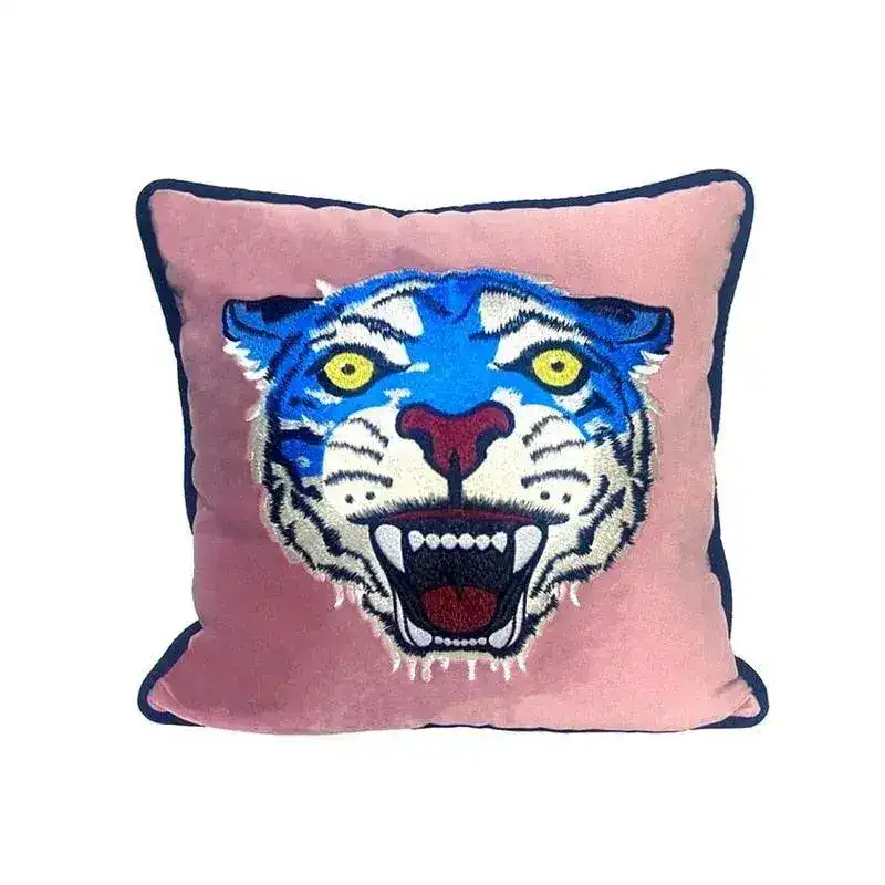 Pink Tiger Head Embroidery Pillow Cover - Image 2