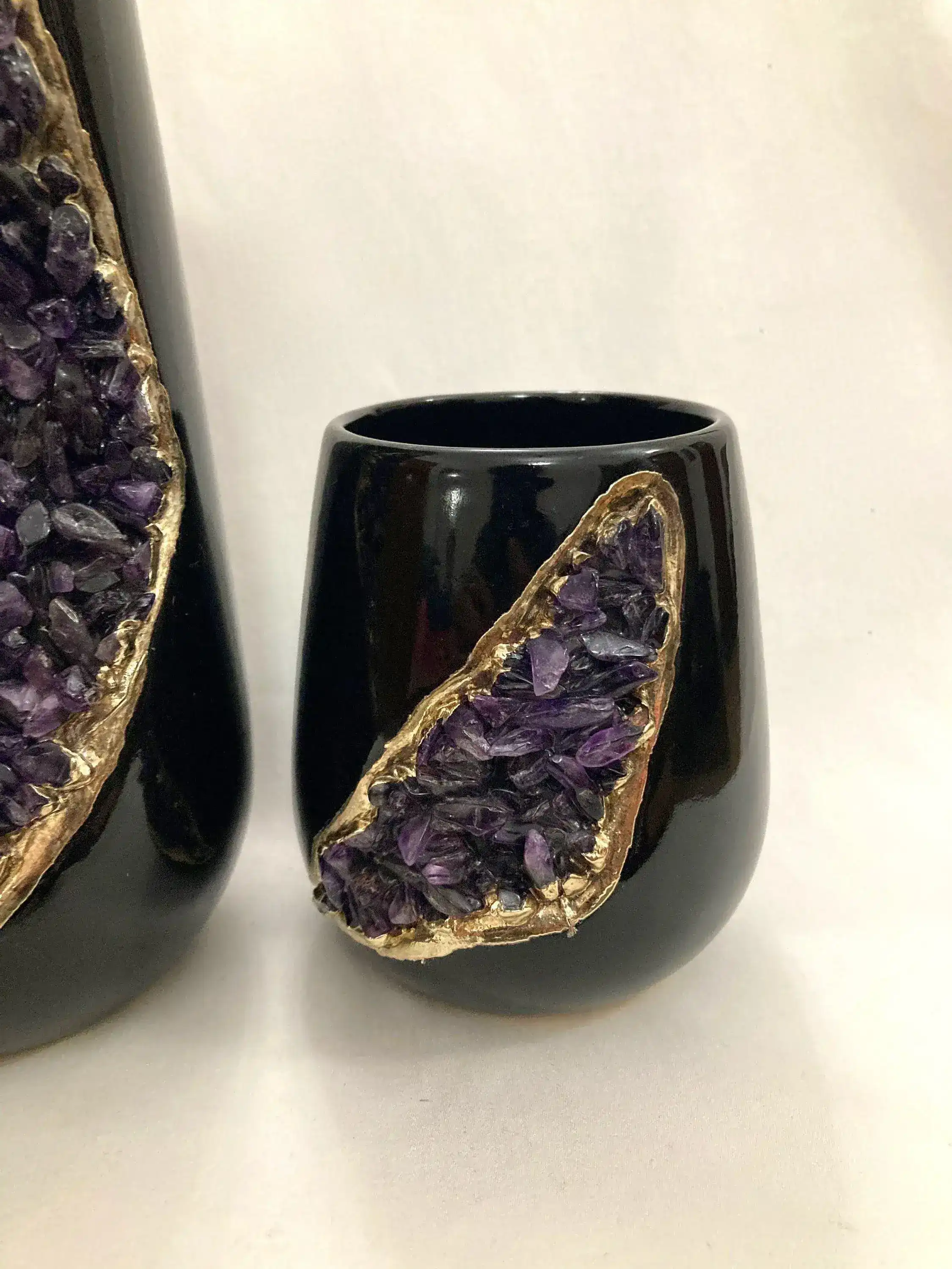 Purple Amethyst Crystal Black and Gold Ceramic Vase Planter - Image 3