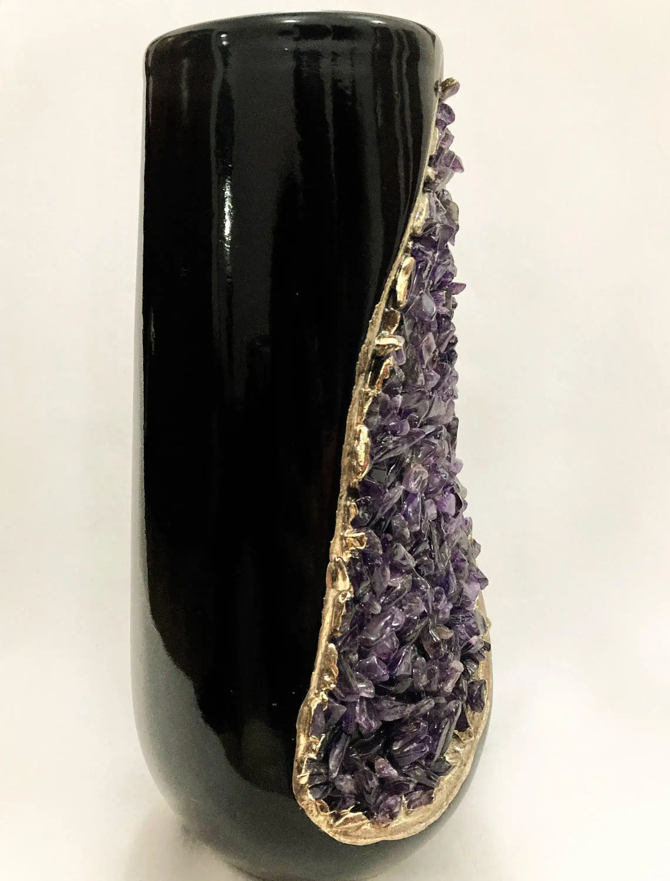 Purple Amethyst Crystal Black and Gold Ceramic Vase Planter - Image 5