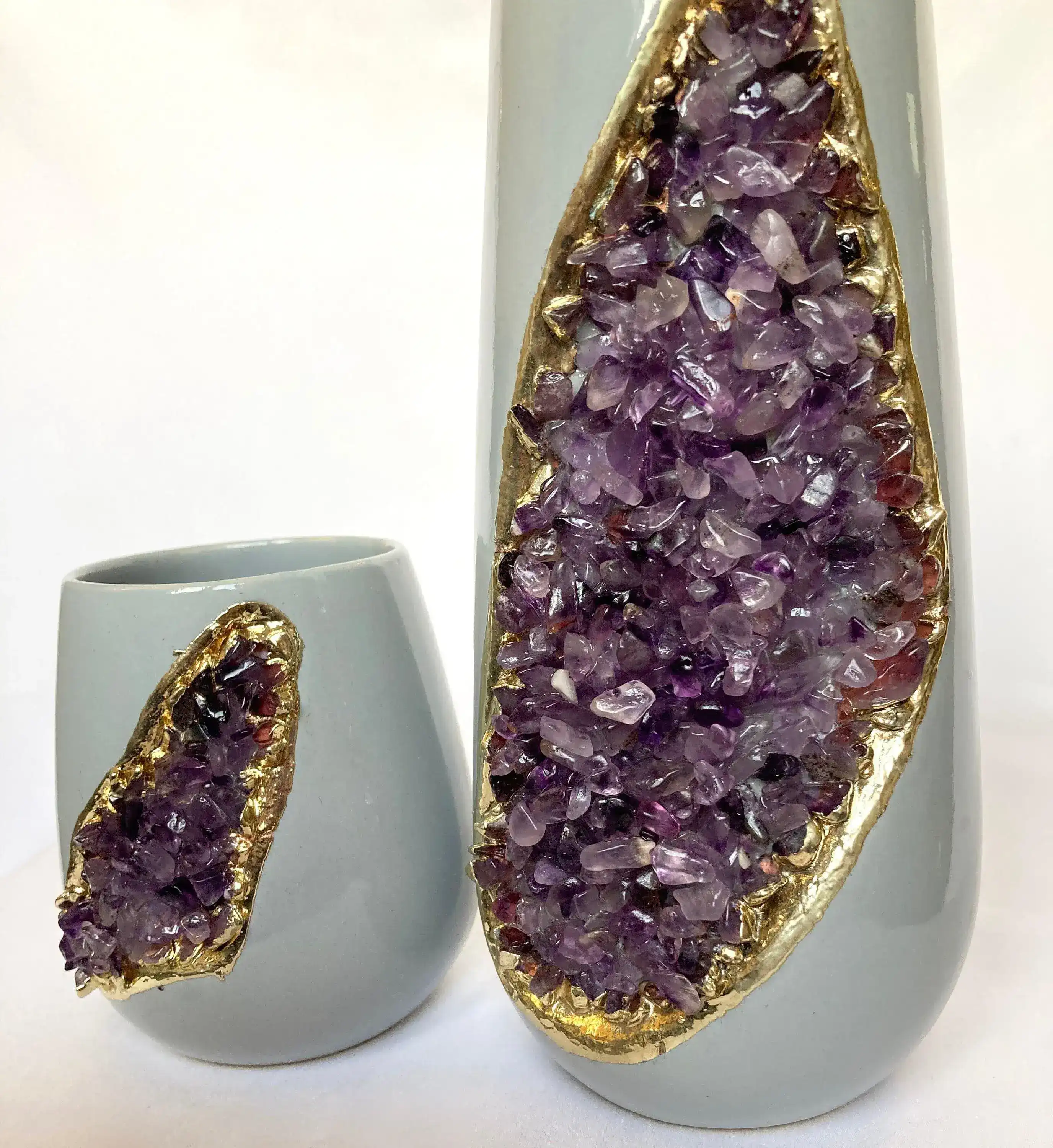 Purple Amethyst Crystal Grey and Gold Ceramic Vase - Image 3