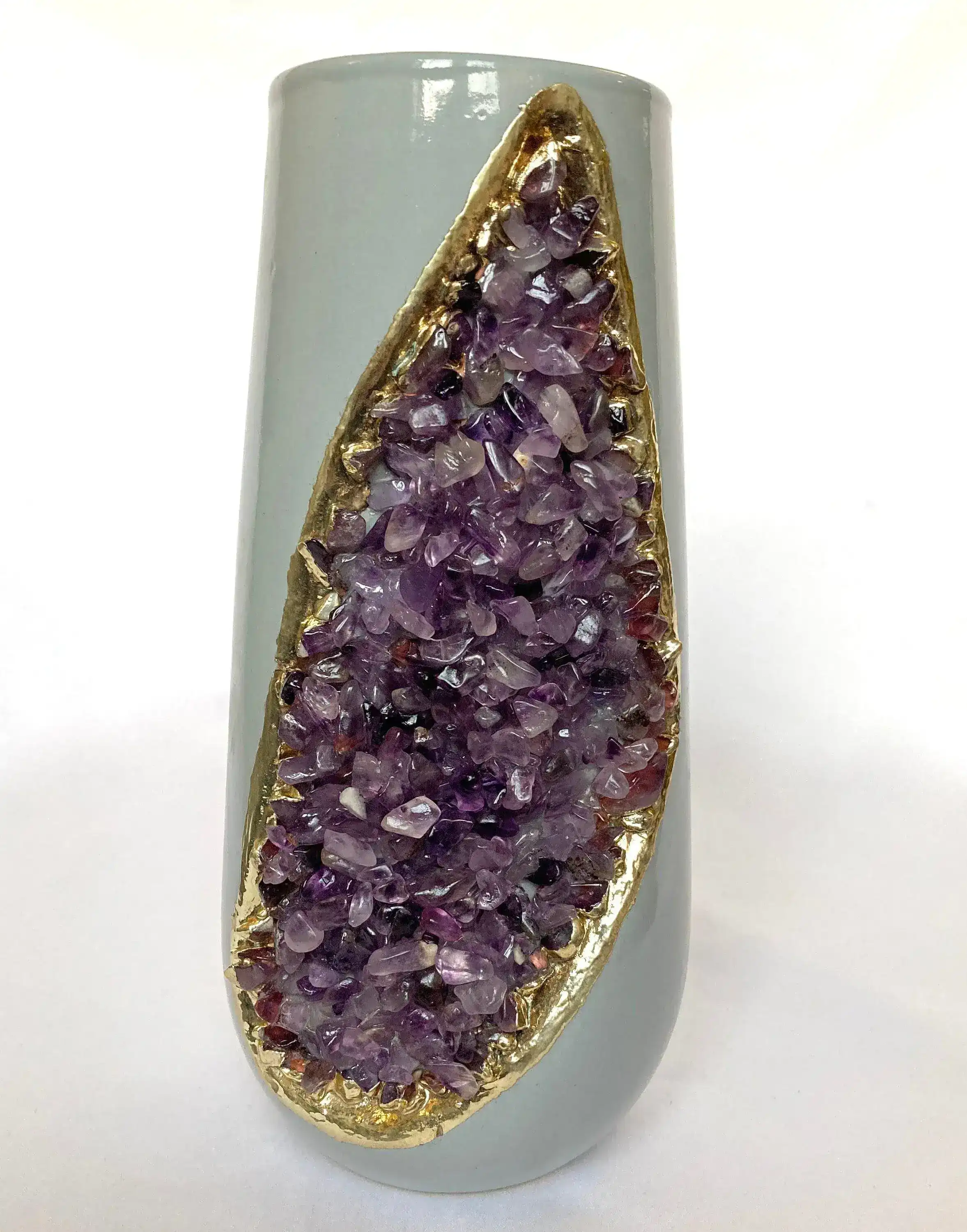 Purple Amethyst Crystal Grey and Gold Ceramic Vase - Image 4