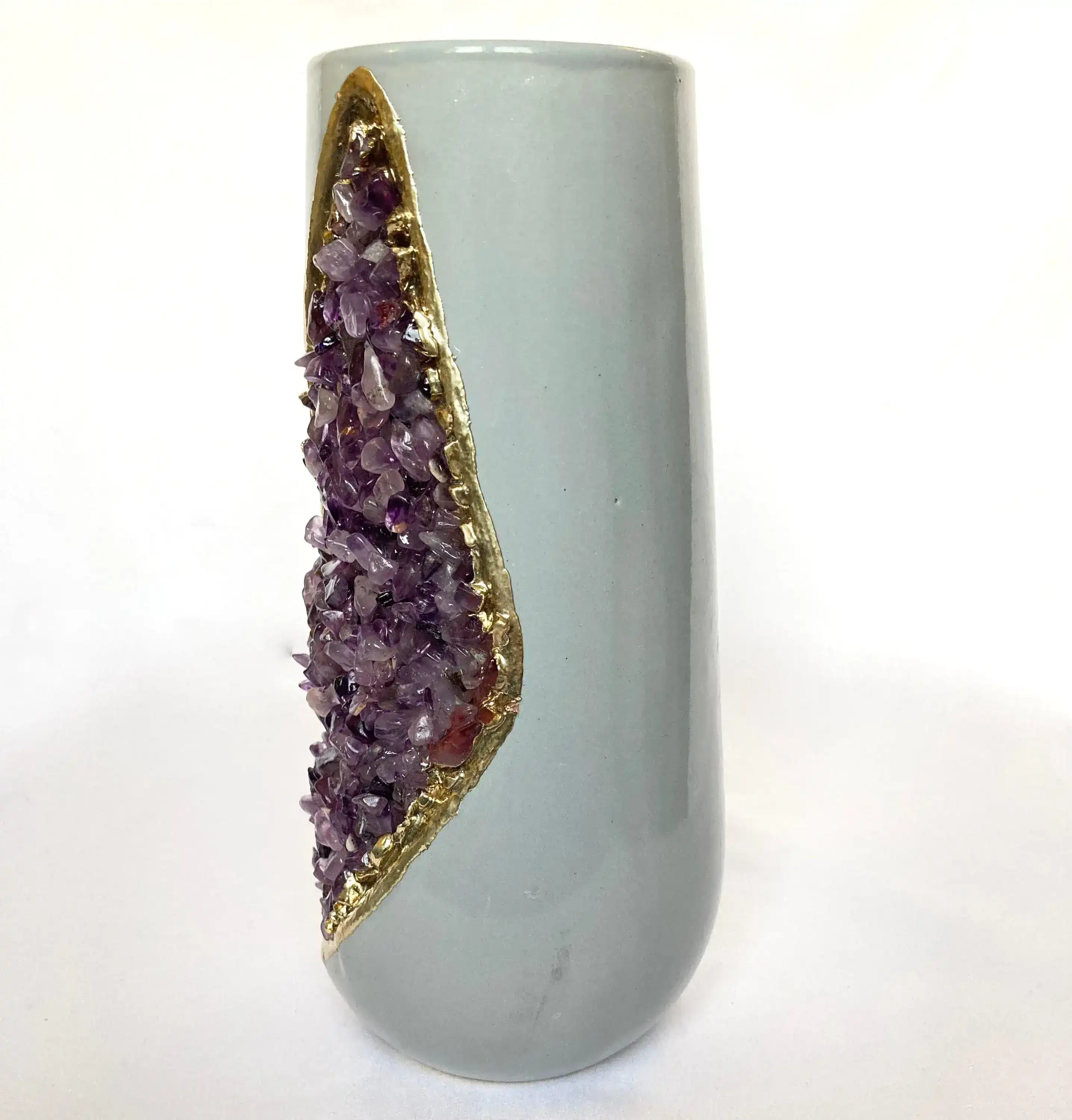 Purple Amethyst Crystal Grey and Gold Ceramic Vase - Image 5