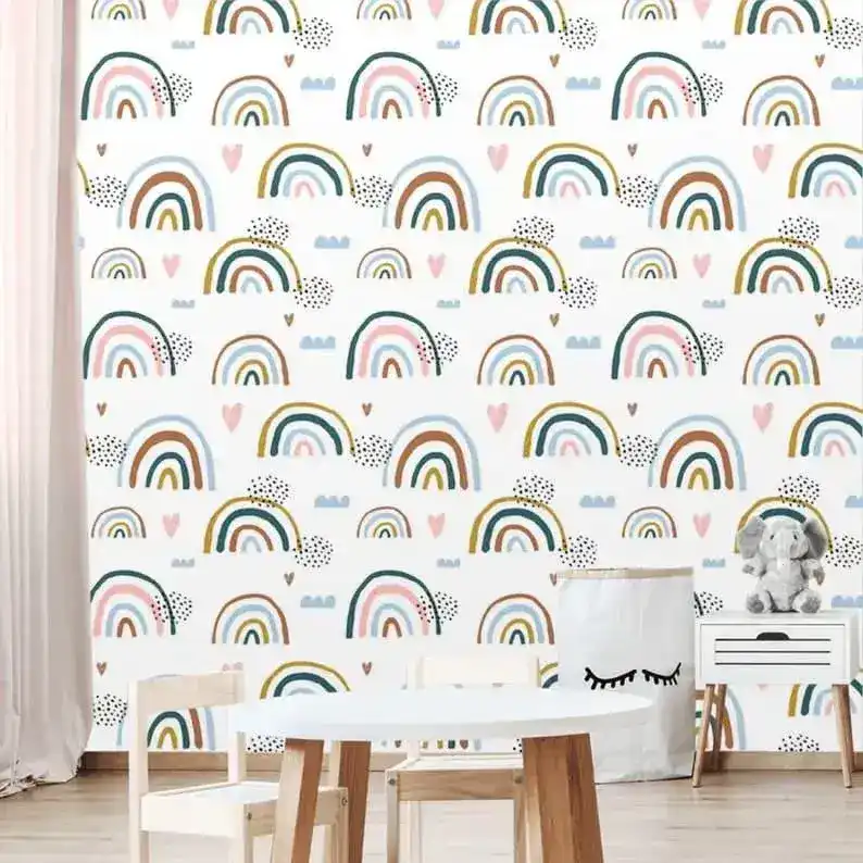 Rainbows and Rain Illustrated Minimalist White Wallpaper - Image 3