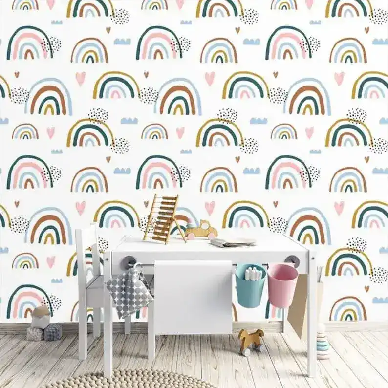 Rainbows and Rain Illustrated Minimalist White Wallpaper - Image 4