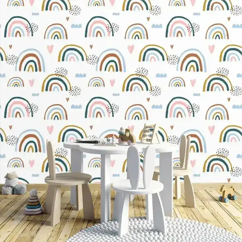 Rainbows and Rain Illustrated Minimalist White Wallpaper - Image 5