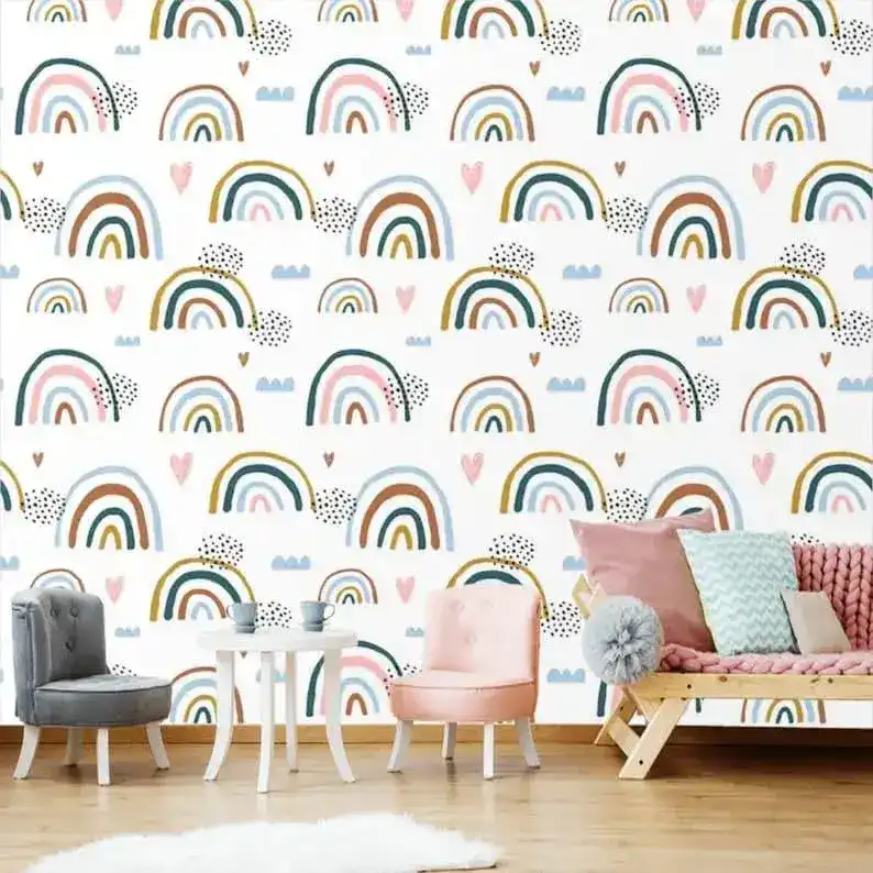 Rainbows and Rain Illustrated Minimalist White Wallpaper - Image 7
