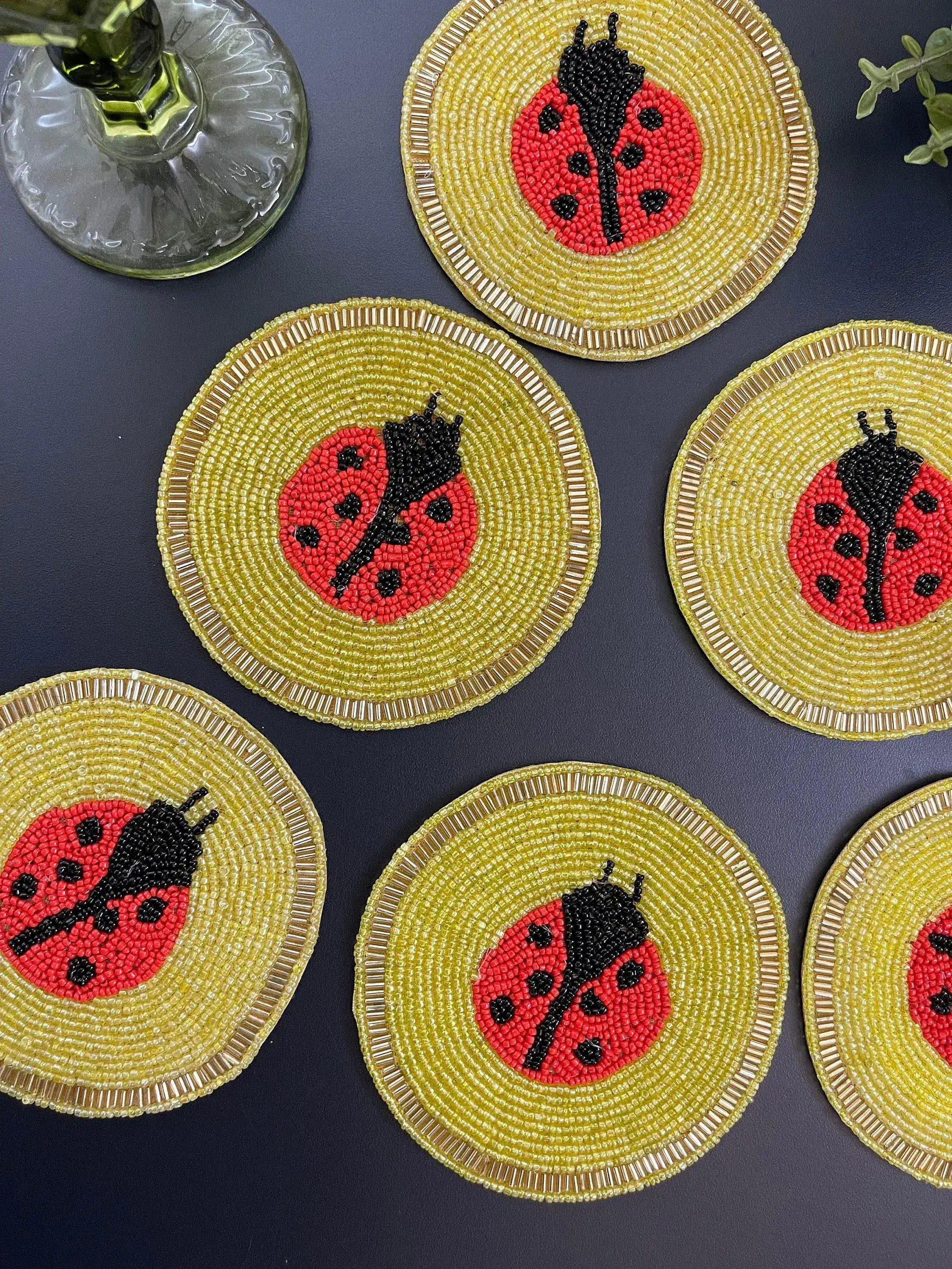 Red and Yellow Lady Bug Beaded Coasters - Set of 6 - Image 4