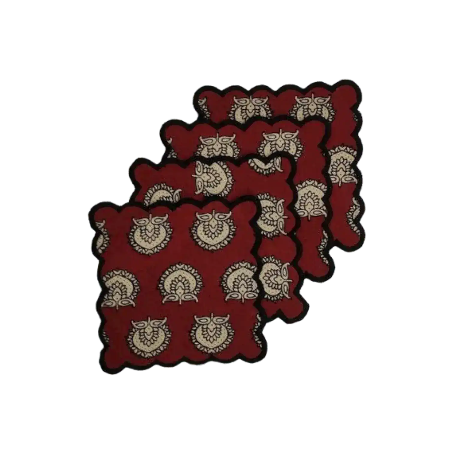 Red Block Printed Scalloped Cotton Napkins with Embroidered Trims - Image 2