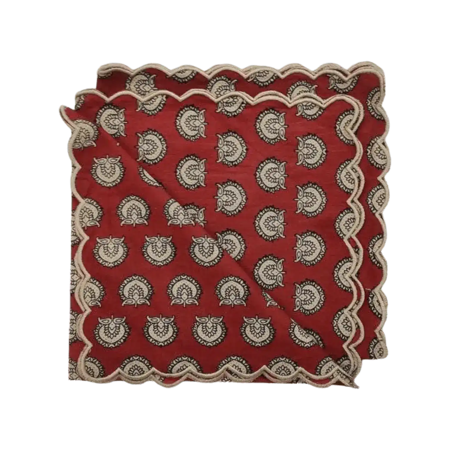 Red Block Printed Scalloped Cotton Napkins with Embroidered Trims - Image 3