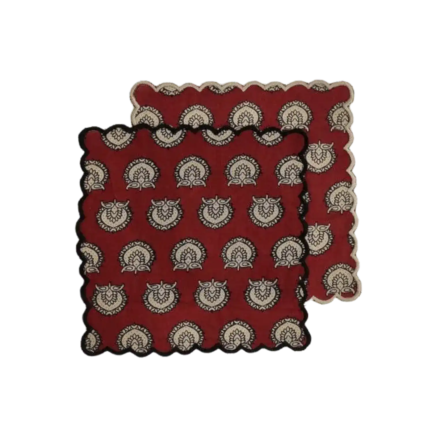 Red Block Printed Scalloped Cotton Napkins with Embroidered Trims - Image 4