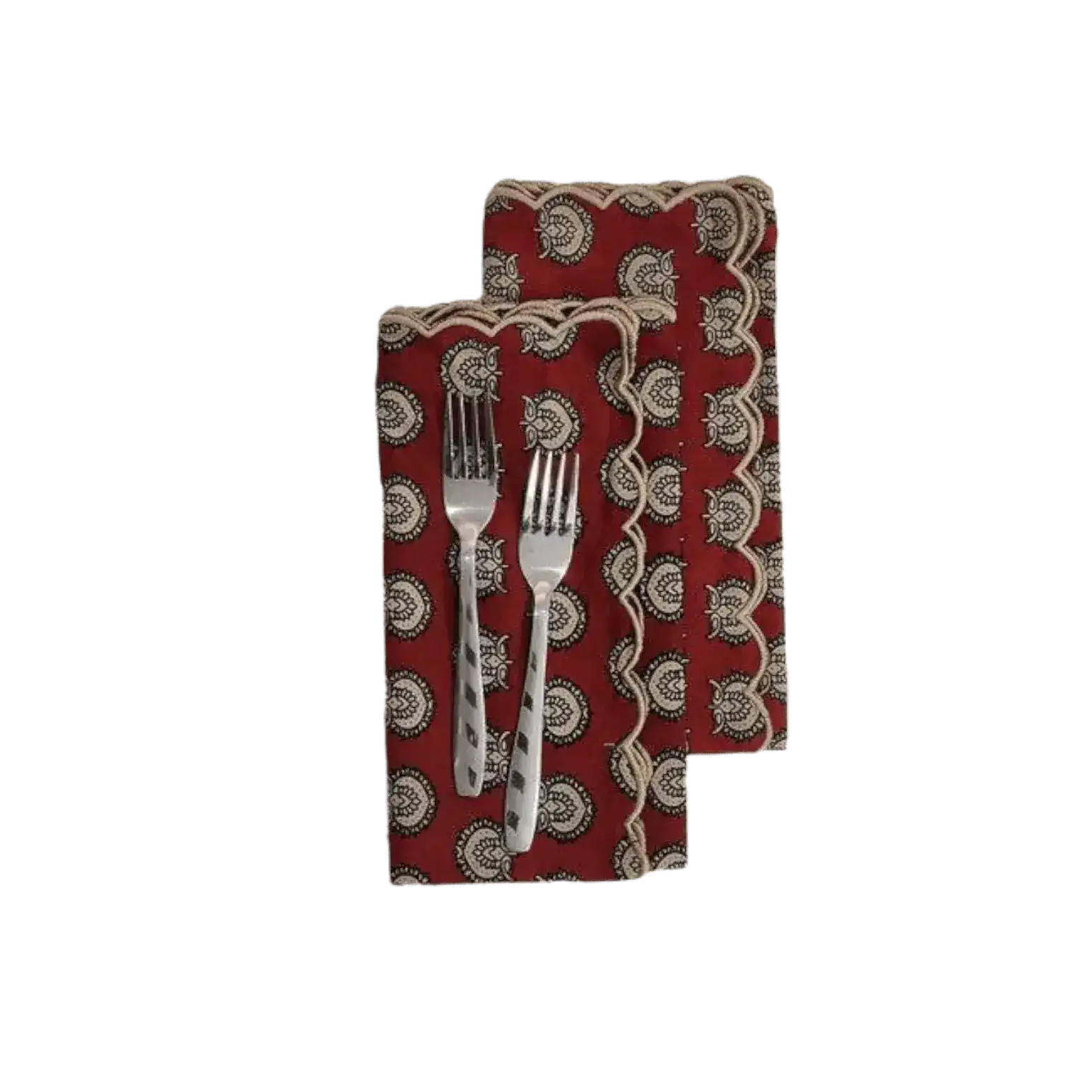 Red Block Printed Scalloped Cotton Napkins with Embroidered Trims - Image 5