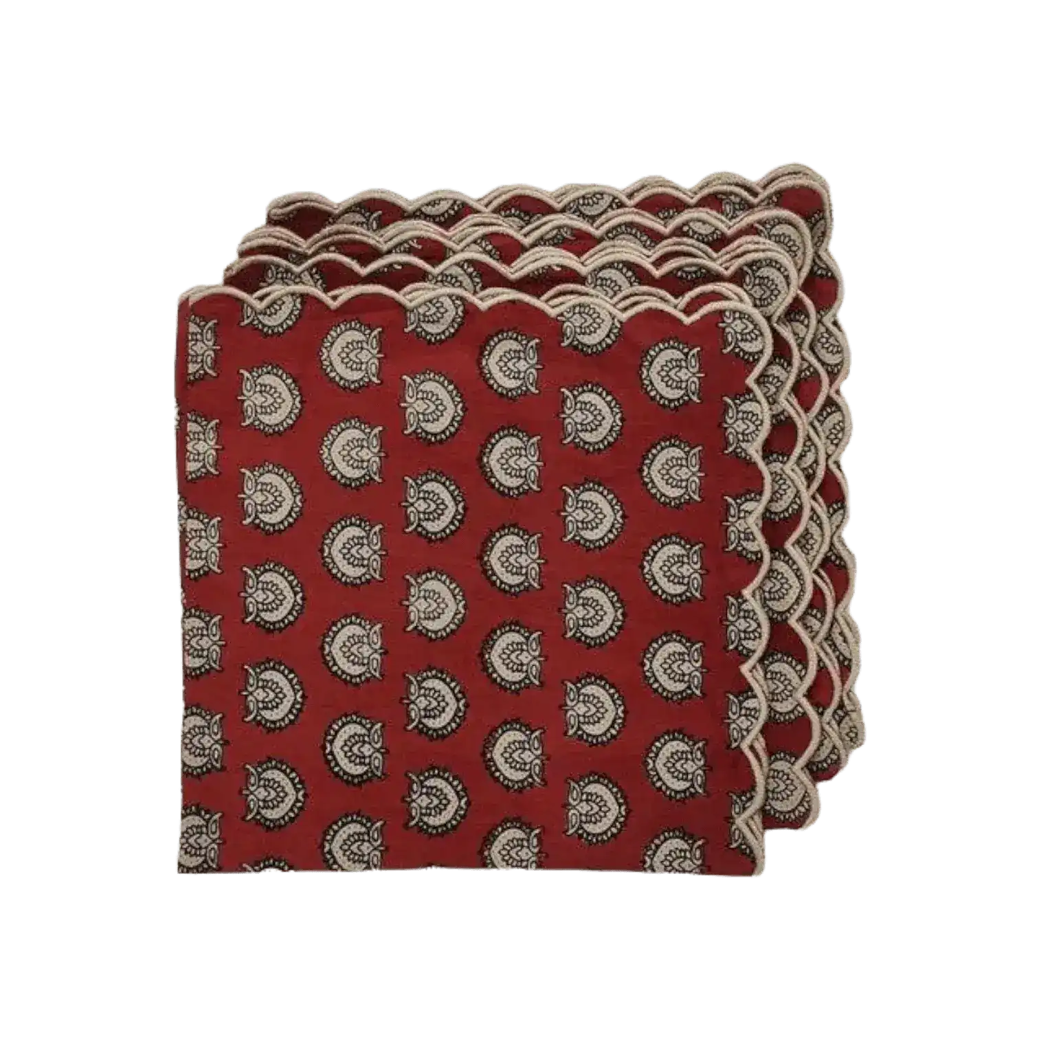 Red Block Printed Scalloped Cotton Napkins with Embroidered Trims - Image 7