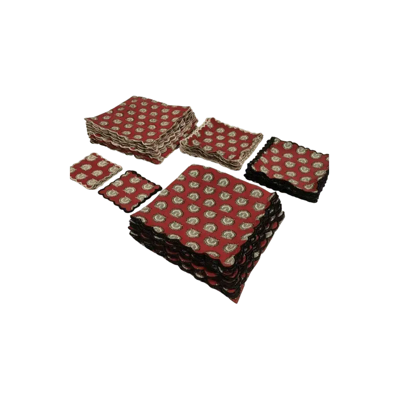 Red Block Printed Scalloped Cotton Napkins with Embroidered Trims - Image 8