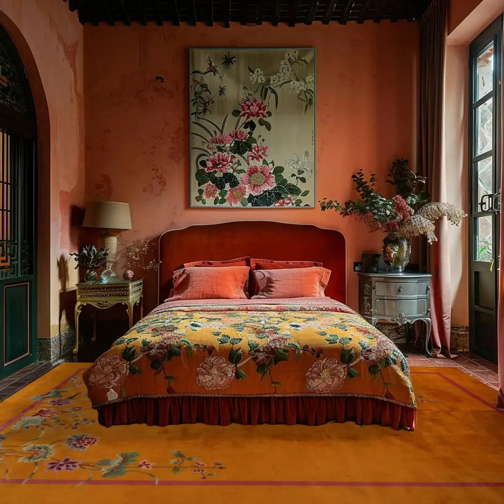 Red Bordered Spring Floral in the Golden Sky Wool Hand Knotted Area Rug - Image 3