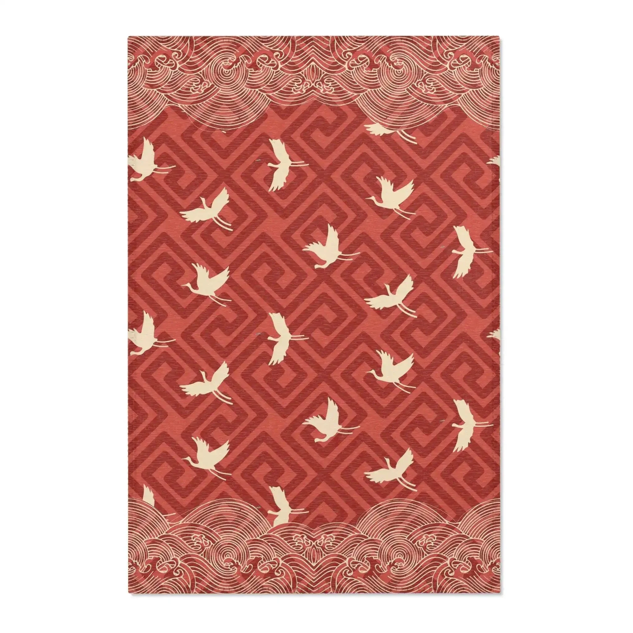 Red Geometric Crane & Wave Pattern Accent Rug - Image 2