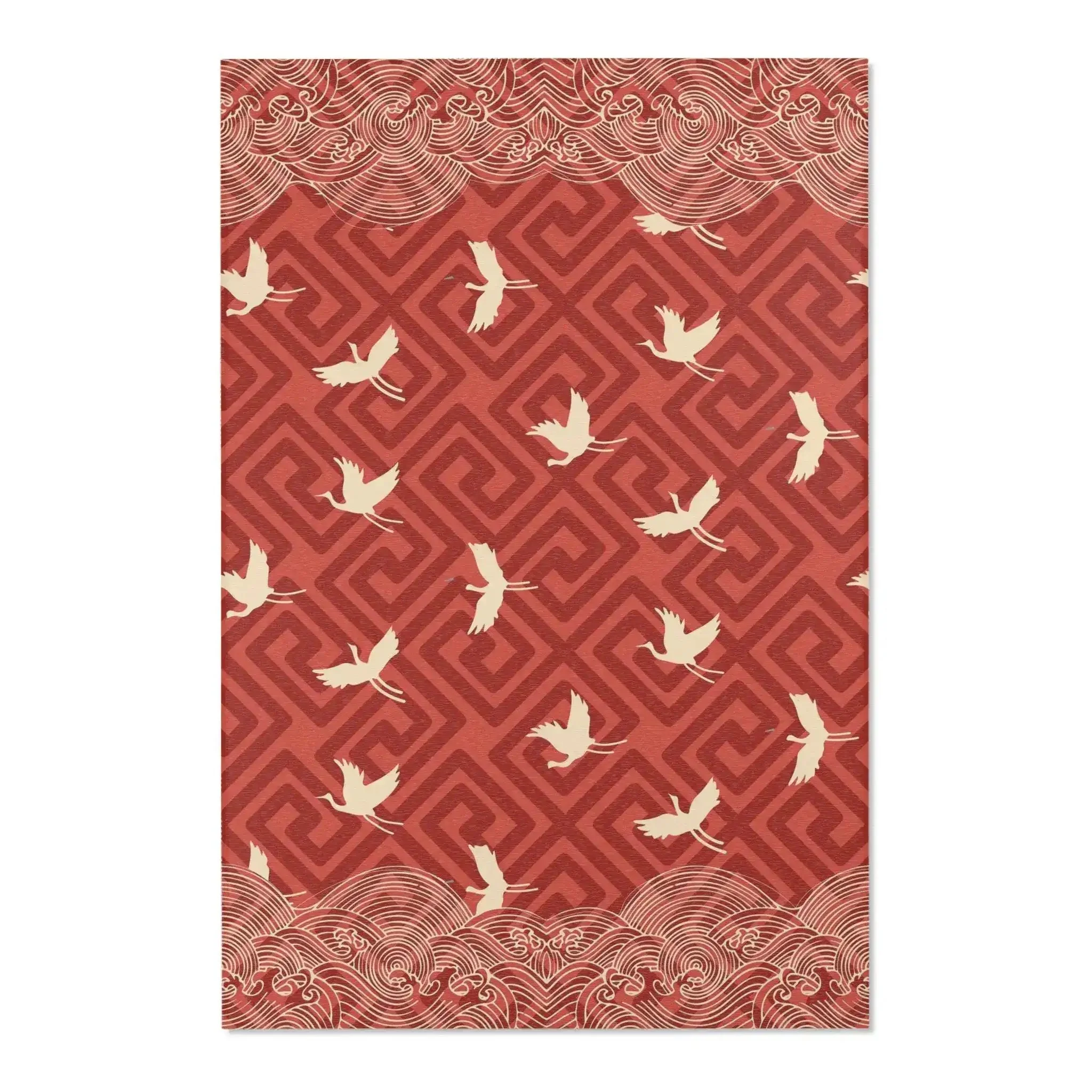Red Geometric Crane & Wave Pattern Accent Rug - Image 3