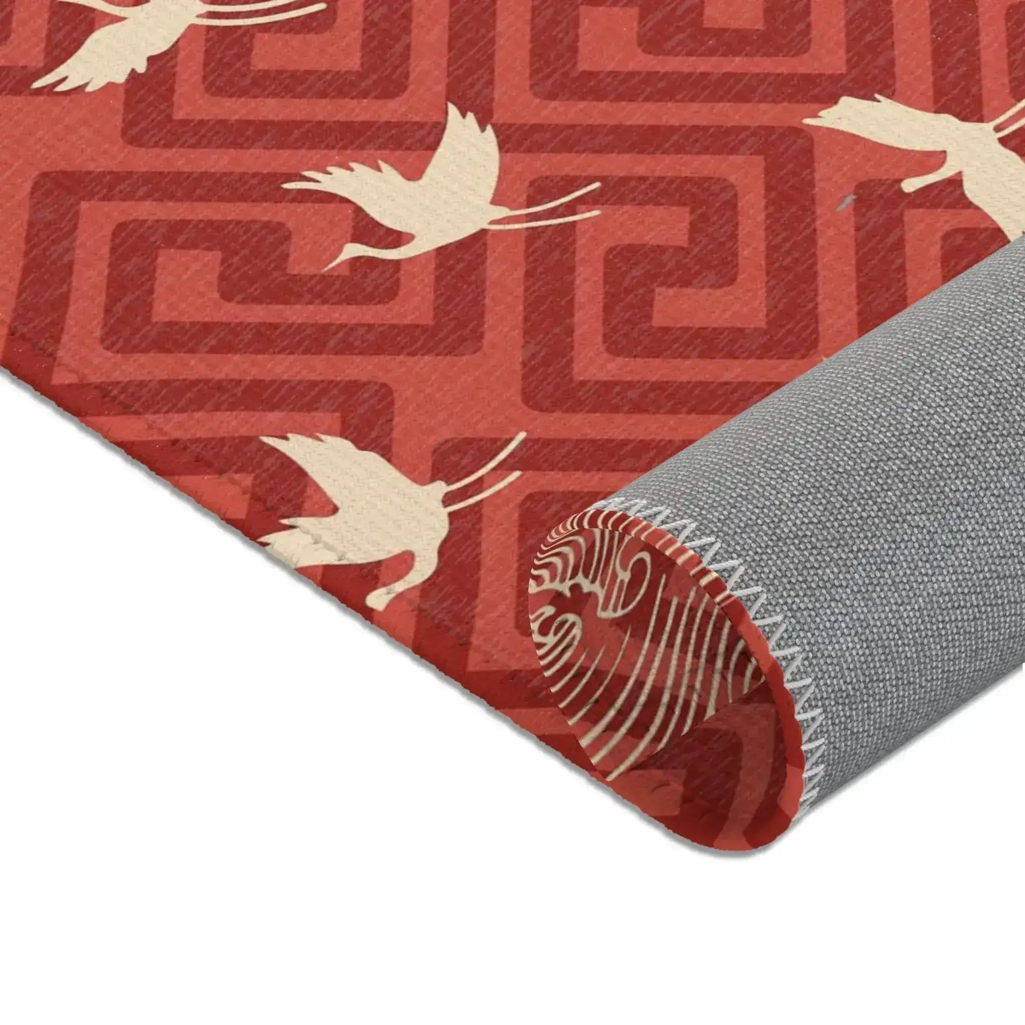 Red Geometric Crane & Wave Pattern Accent Rug - Image 7