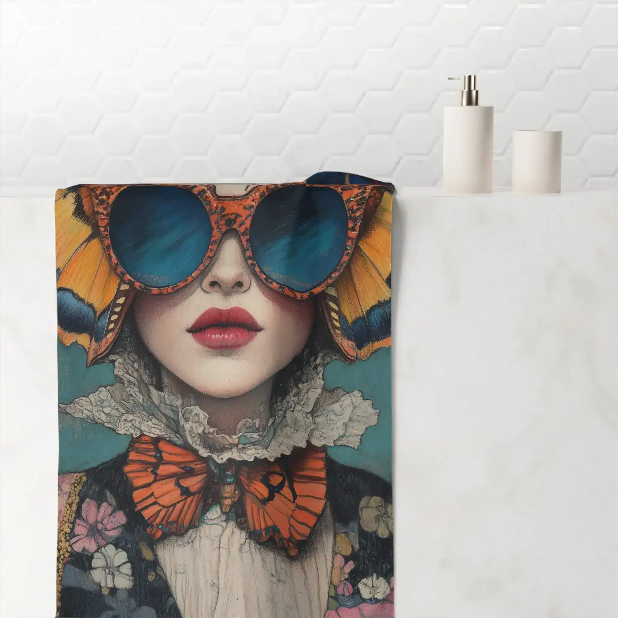 Renaissance Butterfly in Couture with Sunglasses Bath Towel - Image 2