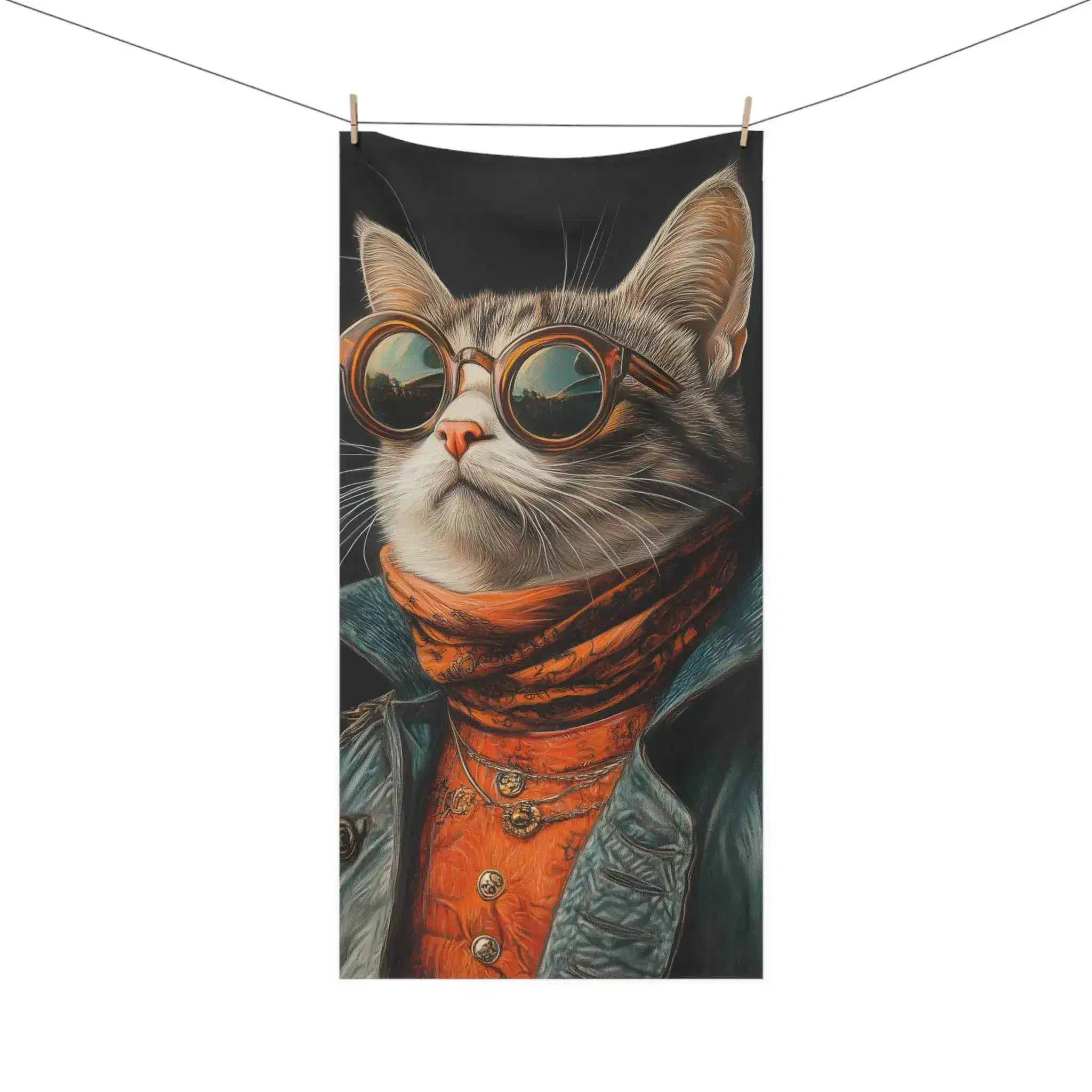 Renaissance Cat in Couture with Orange Scarf and Sunglasses Bath Towel - Image 4