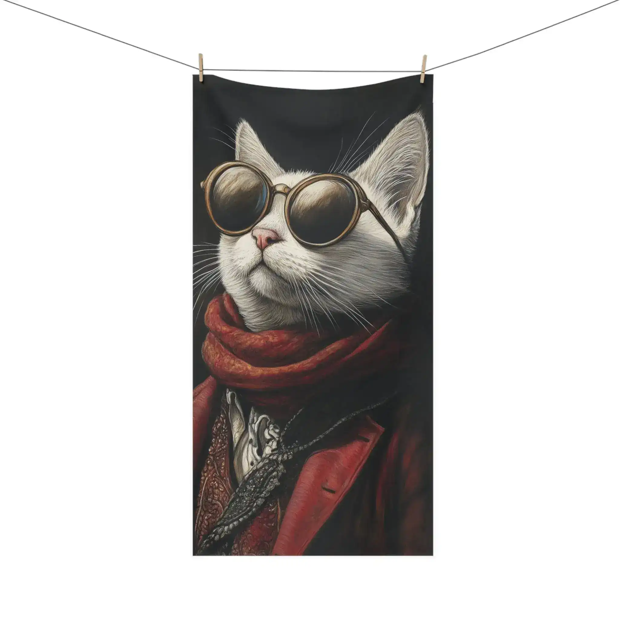 Renaissance Cat in Red Couture with Sunglasses Bath Towel - Image 4