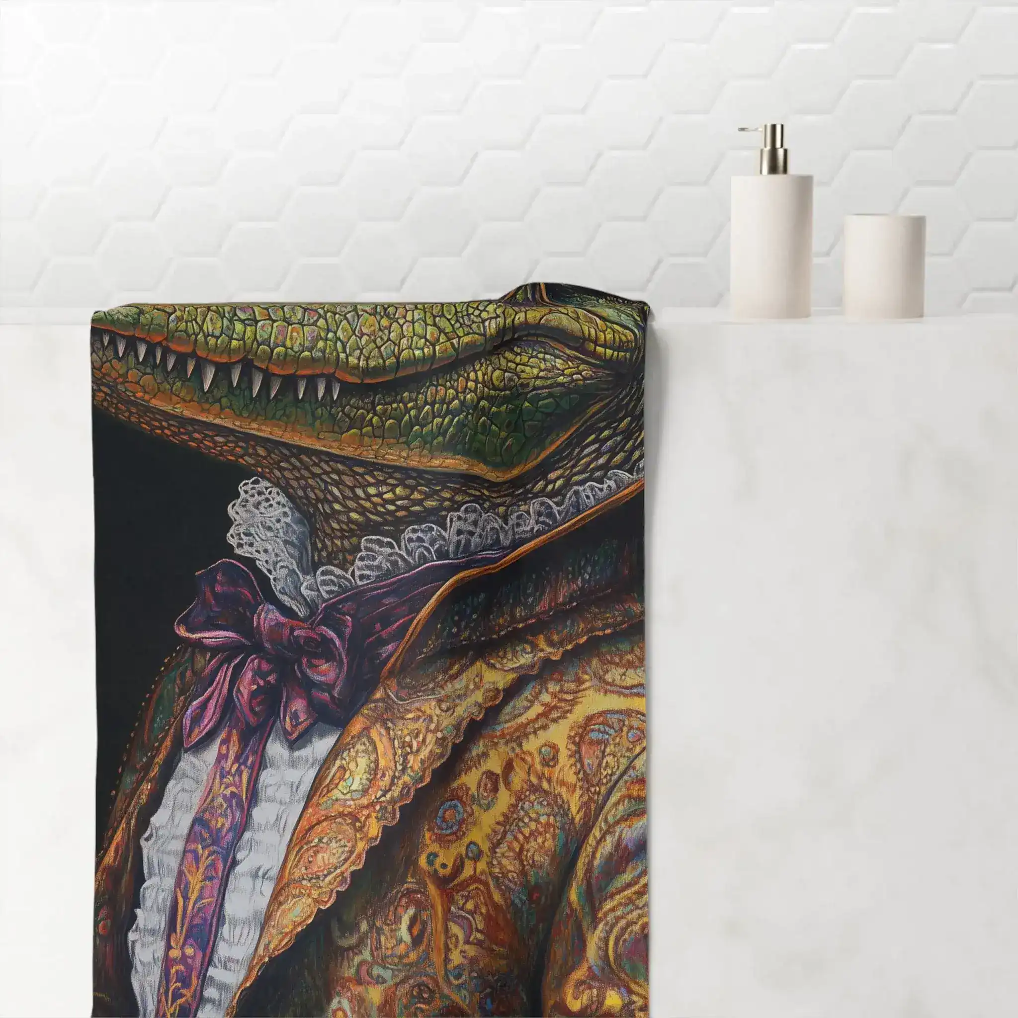 Renaissance Crocodile in Couture with Sunglasses Bath Towel - Image 2
